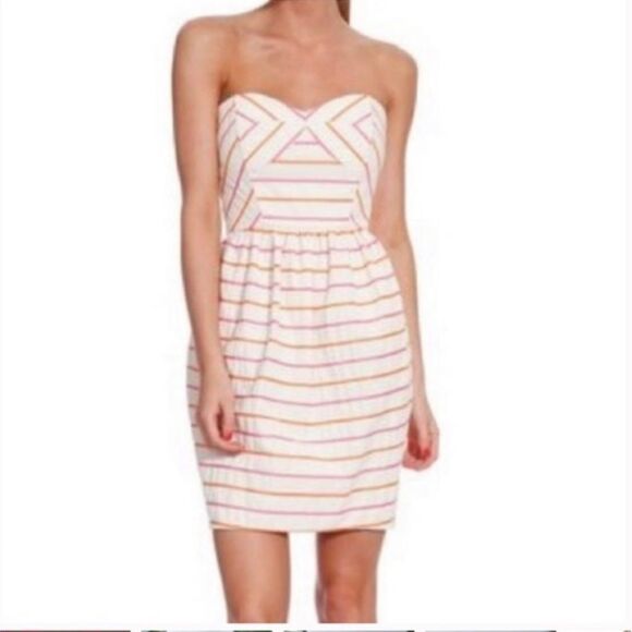 Shoshanna Cream & Pink Strapless Striped Mini Dress size 6 Sweetheart Neckline - Picture 1 of 12